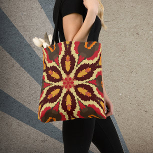 Retro Mandala Red Orange and Brown Tote Bag