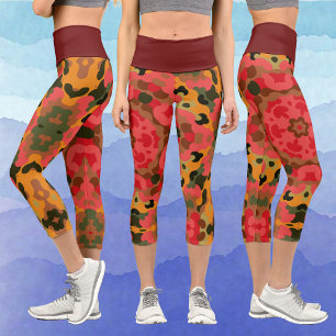 Retro Mandala Red Orange and Green Capri Leggings