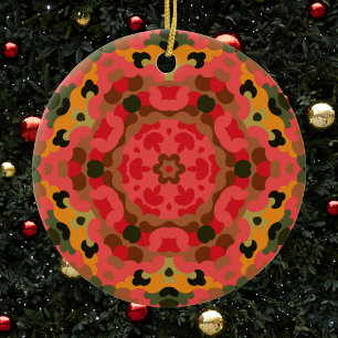 Retro Mandala Red Orange and Green Ceramic Tree Decoration