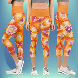 Retro Mandala Red Orange Purple and Yellow Capri Leggings