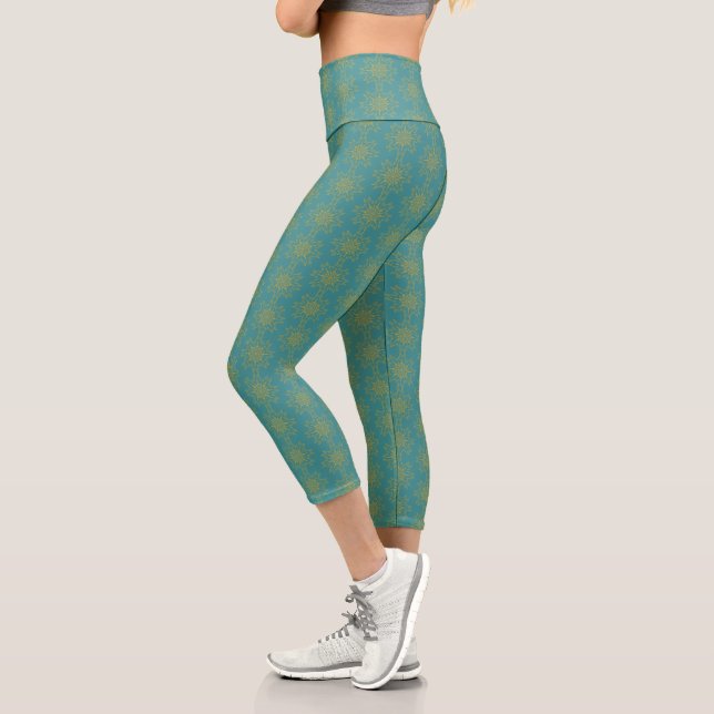 Retro Mandala Teal High Waisted Capris (Left)