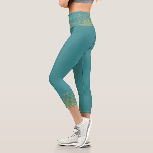 Retro Mandala Teal High Waisted Capris (Left)