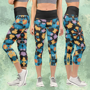 Retro Mandala Yellow Blue and Orange Capri Leggings