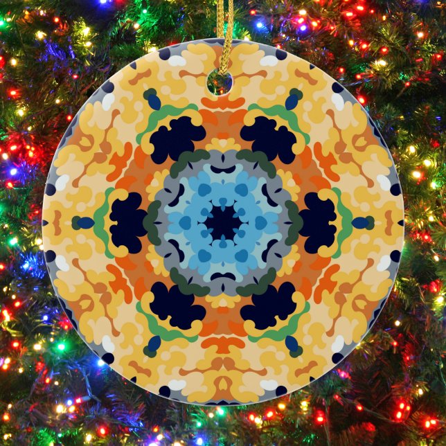 Retro Mandala Yellow Blue and Orange Ceramic Tree Decoration (Yellow Blue and Orange Retro Mandala Ornament by Wormhole Orbital)