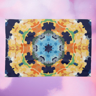 Retro Mandala Yellow Blue and Orange Tea Towel