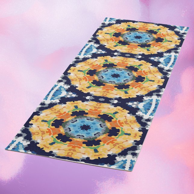 Retro Mandala Yellow Blue and Orange Yoga Mat (Creator Uploaded)