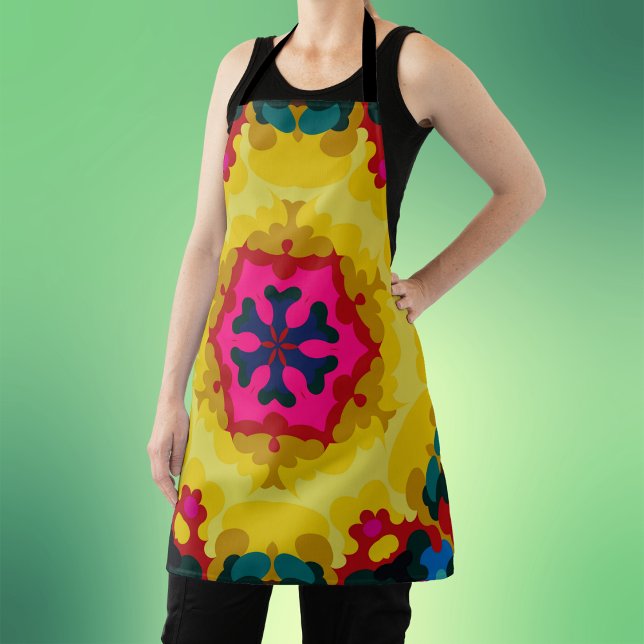 Retro Mandala Yellow Blue and Pink Apron (Creator Uploaded)