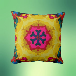 Retro Mandala Yellow Blue and Pink Cushion