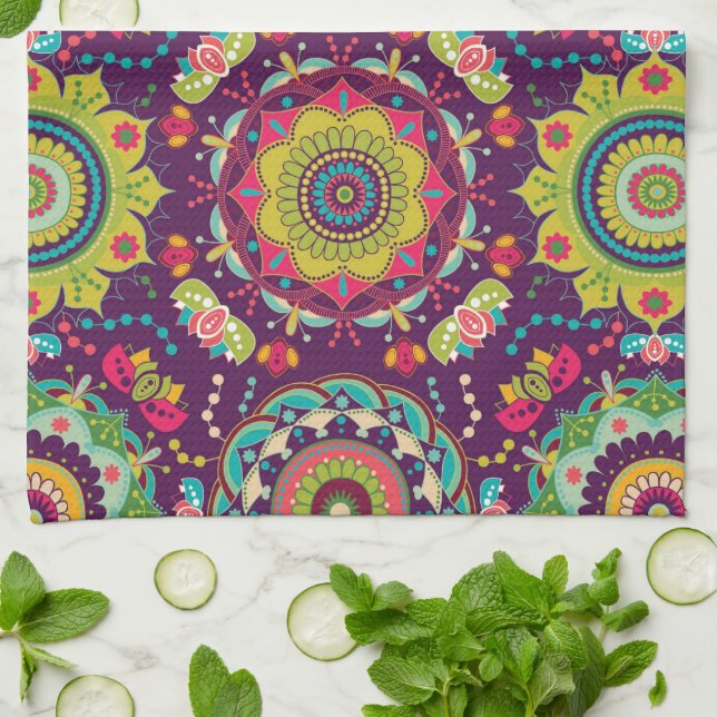 Retro Mandalas Pattern Tea Towel (Folded)