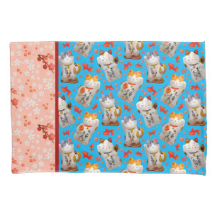 Retro Maneki Neko Japanese Waving Lucky Cat Koi Pillowcase
