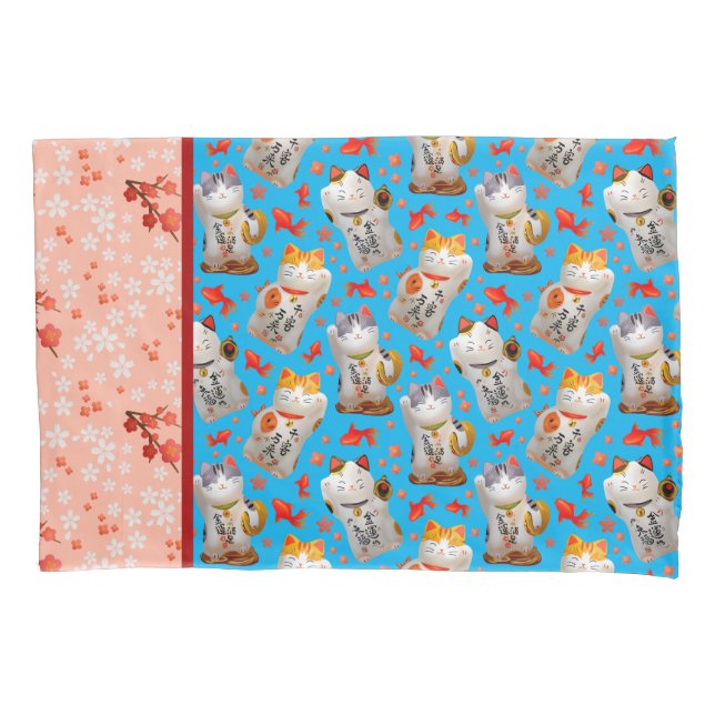 Retro Maneki Neko Japanese Waving Lucky Cat Koi Pillowcase (Front-Left)