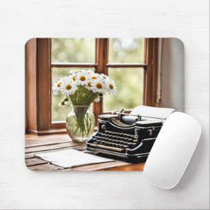Retro Manual Typewriter With Daisies Mouse Mat