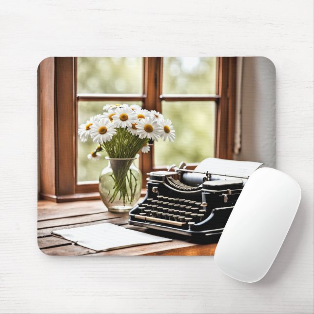 Retro Manual Typewriter With Daisies Mouse Mat (With Mouse)