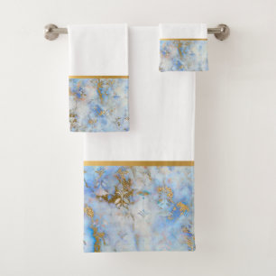 RETRO MARBLE ABSTRACT BLUE GOLD BATHROOM TOWEL SET