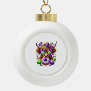 Retro Mardi Gras , Highland Cow Ceramic Ball Christmas Ornament