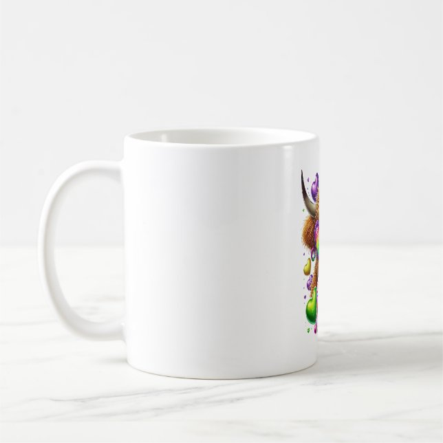 Retro Mardi Gras , Highland Cow Coffee Mug (Left)