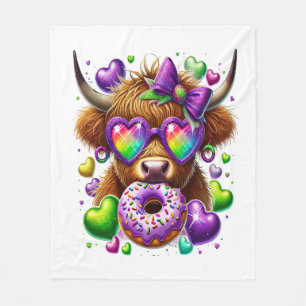 Retro Mardi Gras , Highland Cow Fleece Blanket