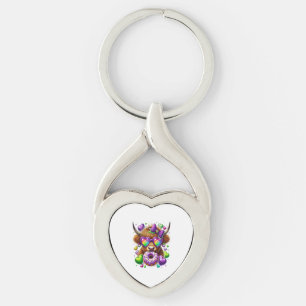 Retro Mardi Gras , Highland Cow Key Ring
