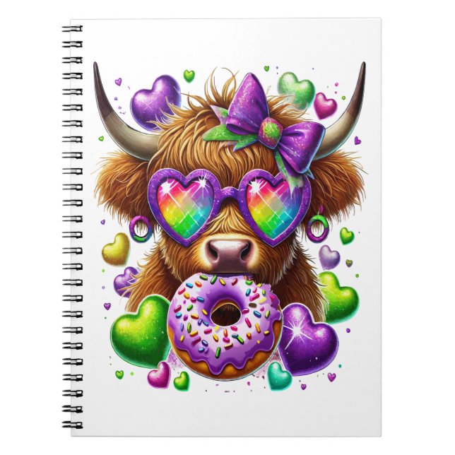 Retro Mardi Gras , Highland Cow Notebook (Front)