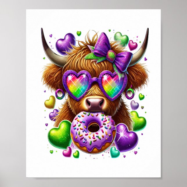 Retro Mardi Gras , Highland Cow Poster (Front)