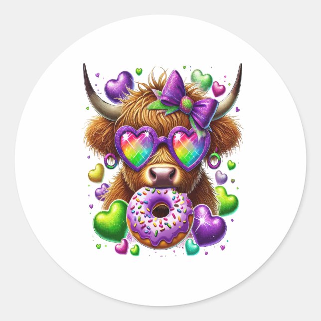 Retro Mardi Gras Png, Highland Cow Classic Round Sticker (Front)