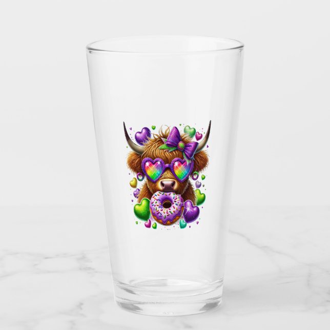 Retro Mardi Gras Png, Highland Cow Glass (Front)