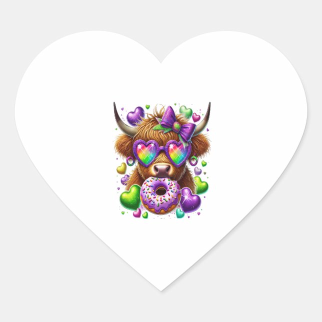 Retro Mardi Gras Png, Highland Cow Heart Sticker (Front)