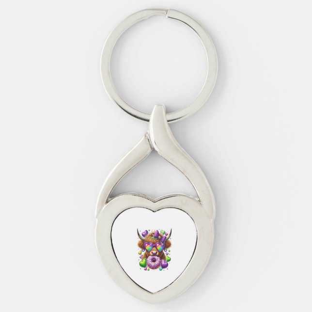 Retro Mardi Gras Png, Highland Cow Key Ring (Front)