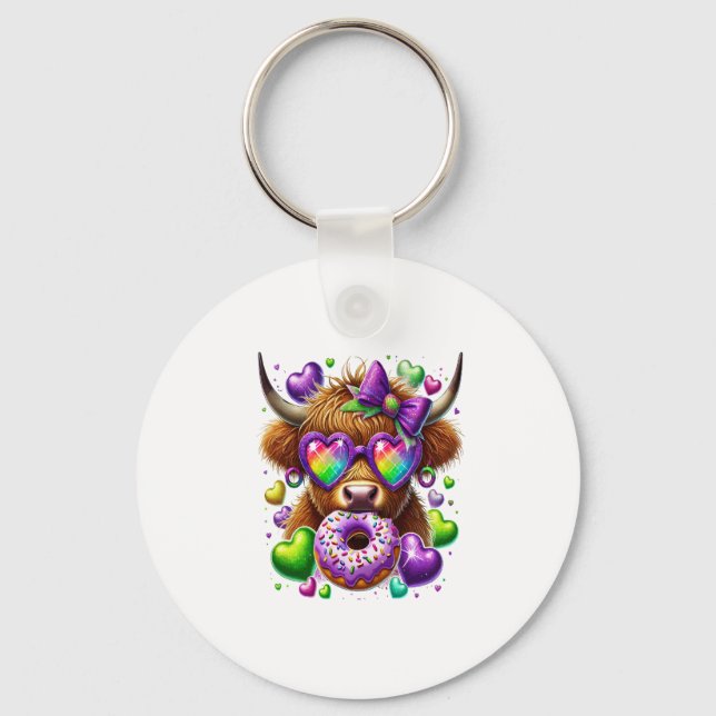 Retro Mardi Gras Png, Highland Cow Key Ring (Front)