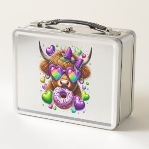 Retro Mardi Gras Png, Highland Cow Metal Lunch Box