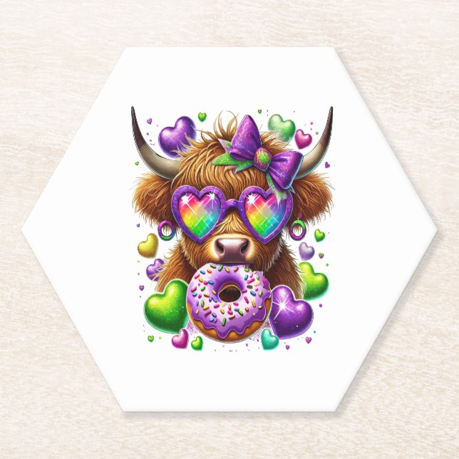 Retro Mardi Gras Png, Highland Cow Paper Coaster (Front)