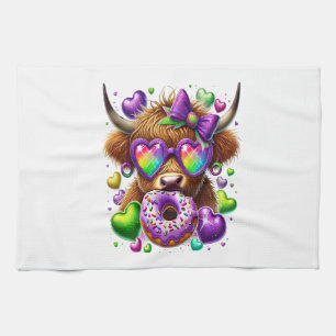 Retro Mardi Gras Png, Highland Cow Tea Towel