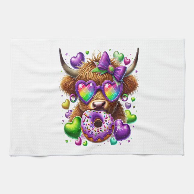 Retro Mardi Gras Png, Highland Cow Tea Towel (Horizontal)