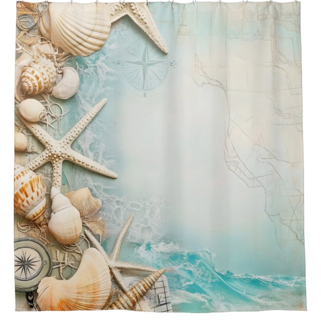Retro Maritime Beach Scene Shower Curtain (Front)