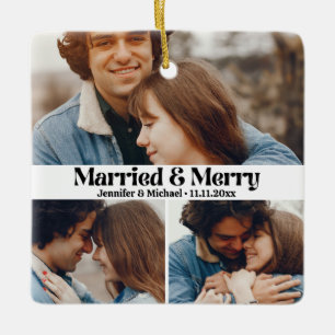 Retro Married and Merry,3 Photo Collage Christmas Ceramic Ornament