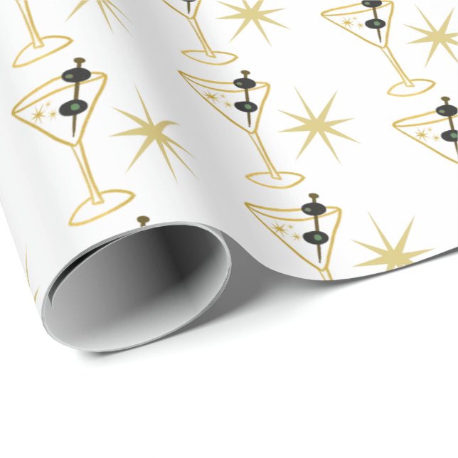 Retro Martini Cocktail Glass Festive Olive Stars   Wrapping Paper (Roll Corner)