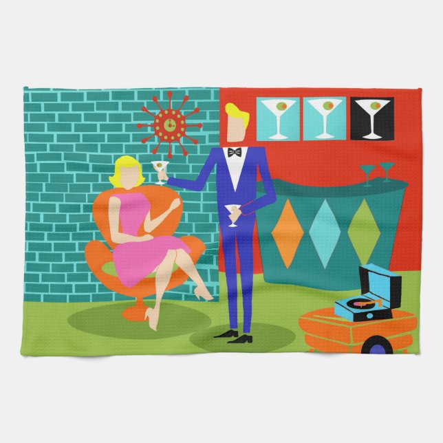 Retro Martini Couple Kitchen Towels (Horizontal)