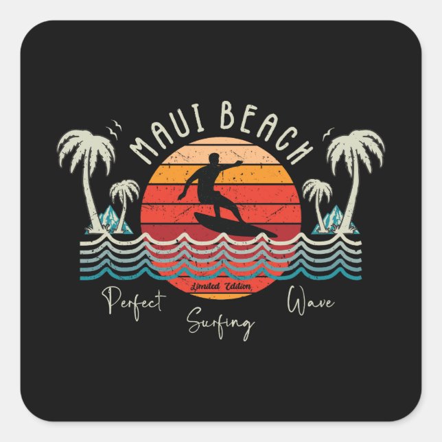 Retro Maui Beach Surfing  Square Sticker (Front)
