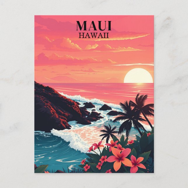 Retro Maui Hawaii Sunset Travel Postcard (Front)