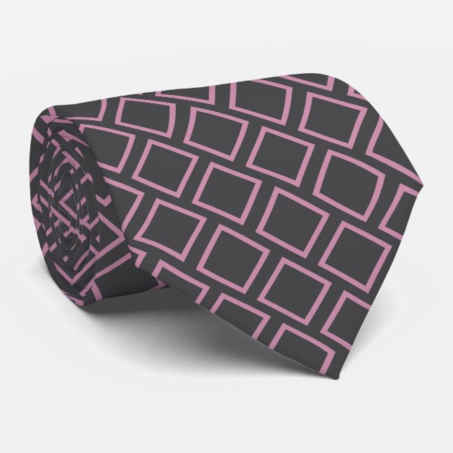 Retro Mauve Pink Squares On Dark Grey Neck Tie (Rolled)
