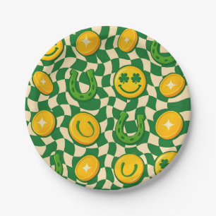 Retro Maximalist Checkerboard St. Patrick's Day Paper Plate