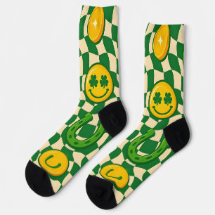 Retro Maximalist Checkerboard St. Patrick's Day Socks