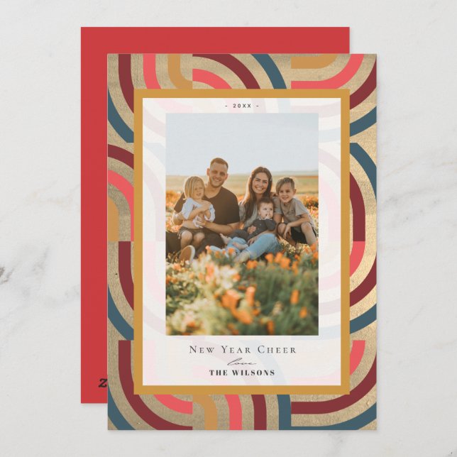 Retro Maximalist Geometric Gold 2 Photo New Year Holiday Card (Front/Back)
