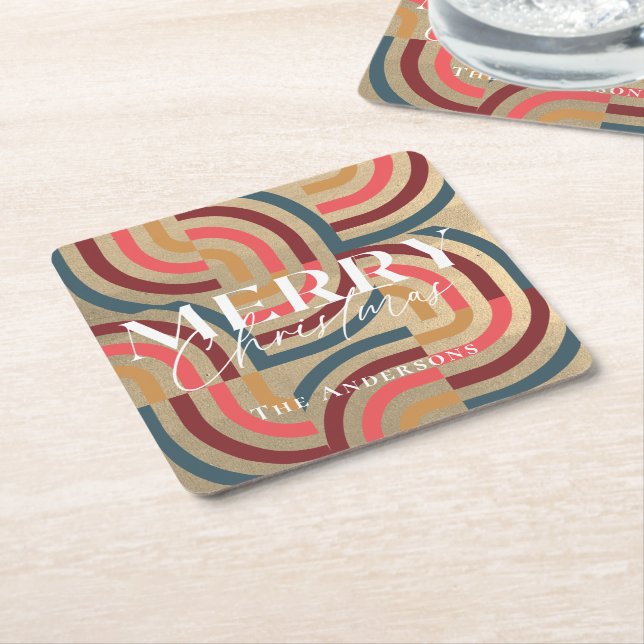 Retro Maximalist Geometric Gold Christmas Square Paper Coaster (Angled)