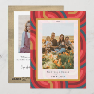 Retro Maximalist Geometric Red 2 Photo New Year Holiday Card
