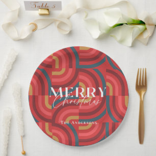 Retro Maximalist Geometric Red Christmas Paper Plate