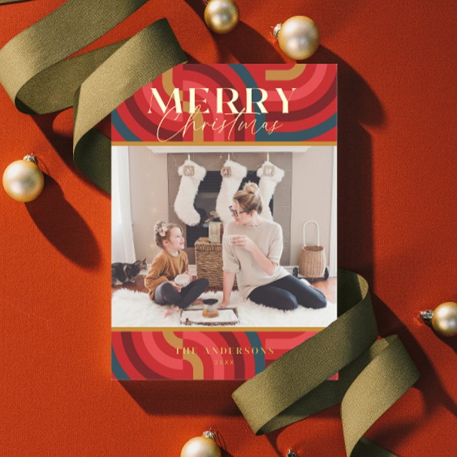Retro Maximalist Geometric Red Christmas Photo Foil Holiday Card (Creator Uploaded)