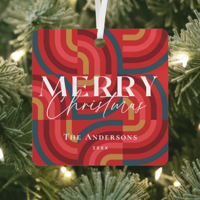 Retro Maximalist Geometric Red Christmas Photo Metal Tree Decoration (Insitu)