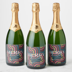 Retro Maximalist Geometric Teal Christmas Sparkling Wine Label
