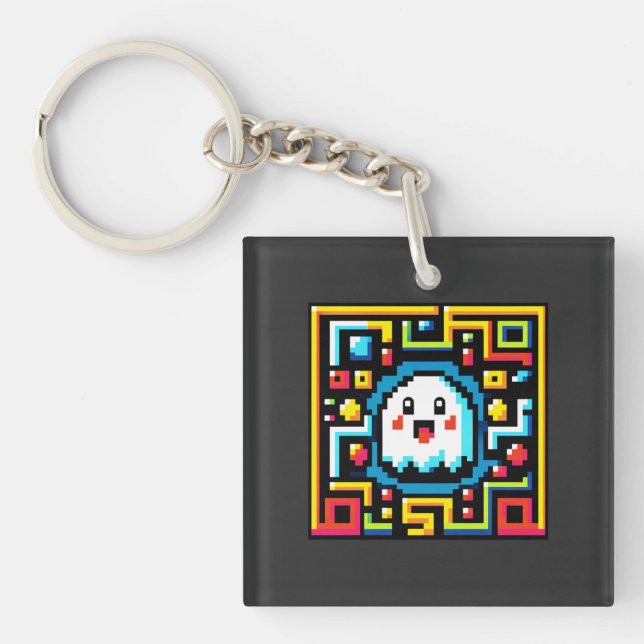 Retro Maze Runner: Pixel Ghost Key Ring (Front)